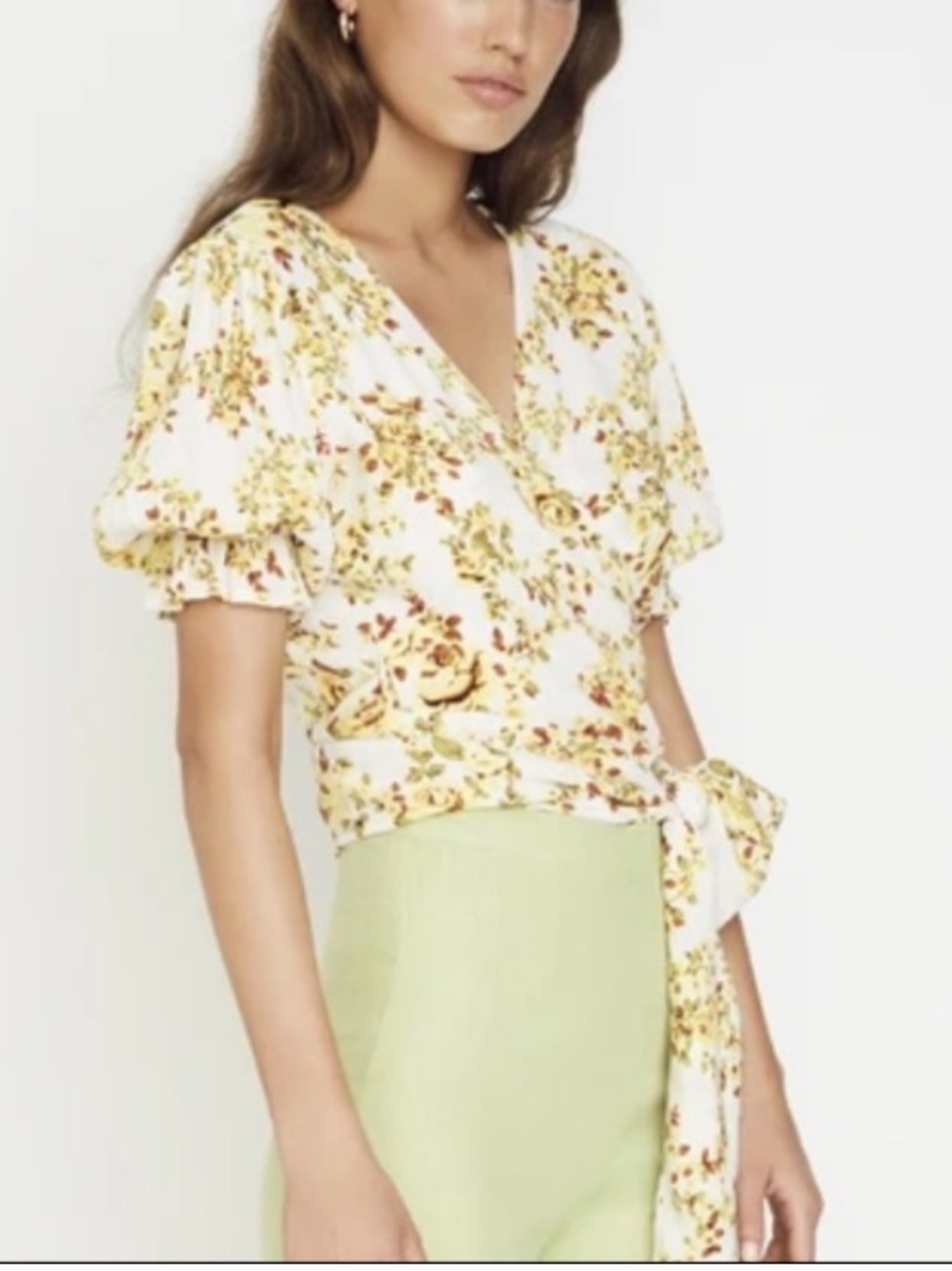 Faithfull the Brand White and Yellow Floral Wrap Top Sz 6